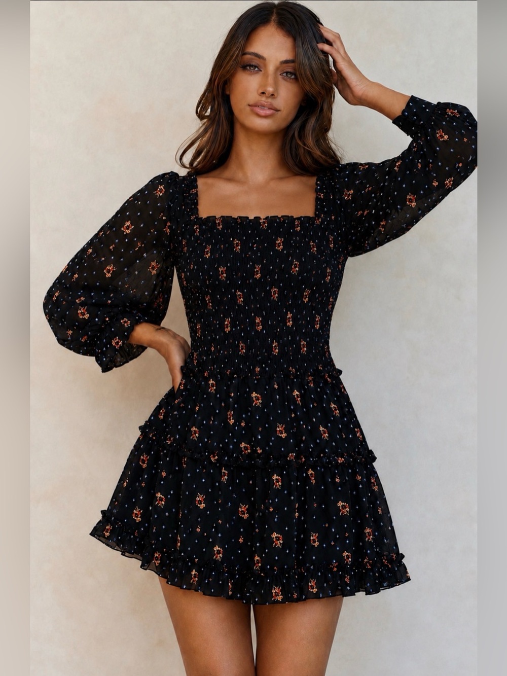 Free People Black Floral Smocked V-Neck Mini Dress with Rust Accents